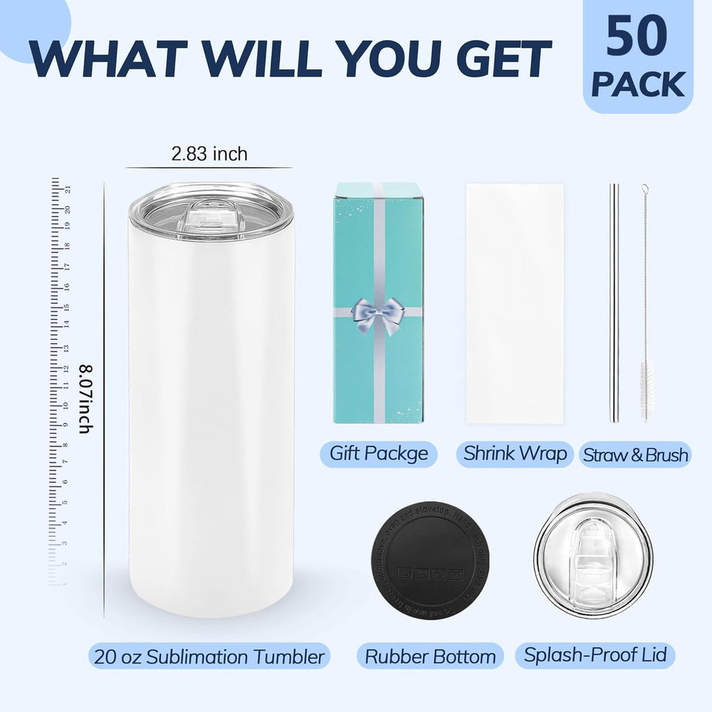 D·S 1 Pack Sublimation Tumblers 20 oz Skinny Straight Flat Bottom Blank Tumbler Cups with Individual Gift Boxed for Heat Transfer DIY Craft