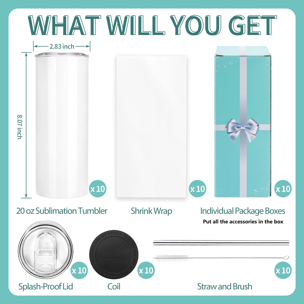 D·S 1 Pack Sublimation Tumblers 20 oz Skinny Straight Flat Bottom Blank Tumbler Cups with Individual Gift Boxed for Heat Transfer DIY Craft