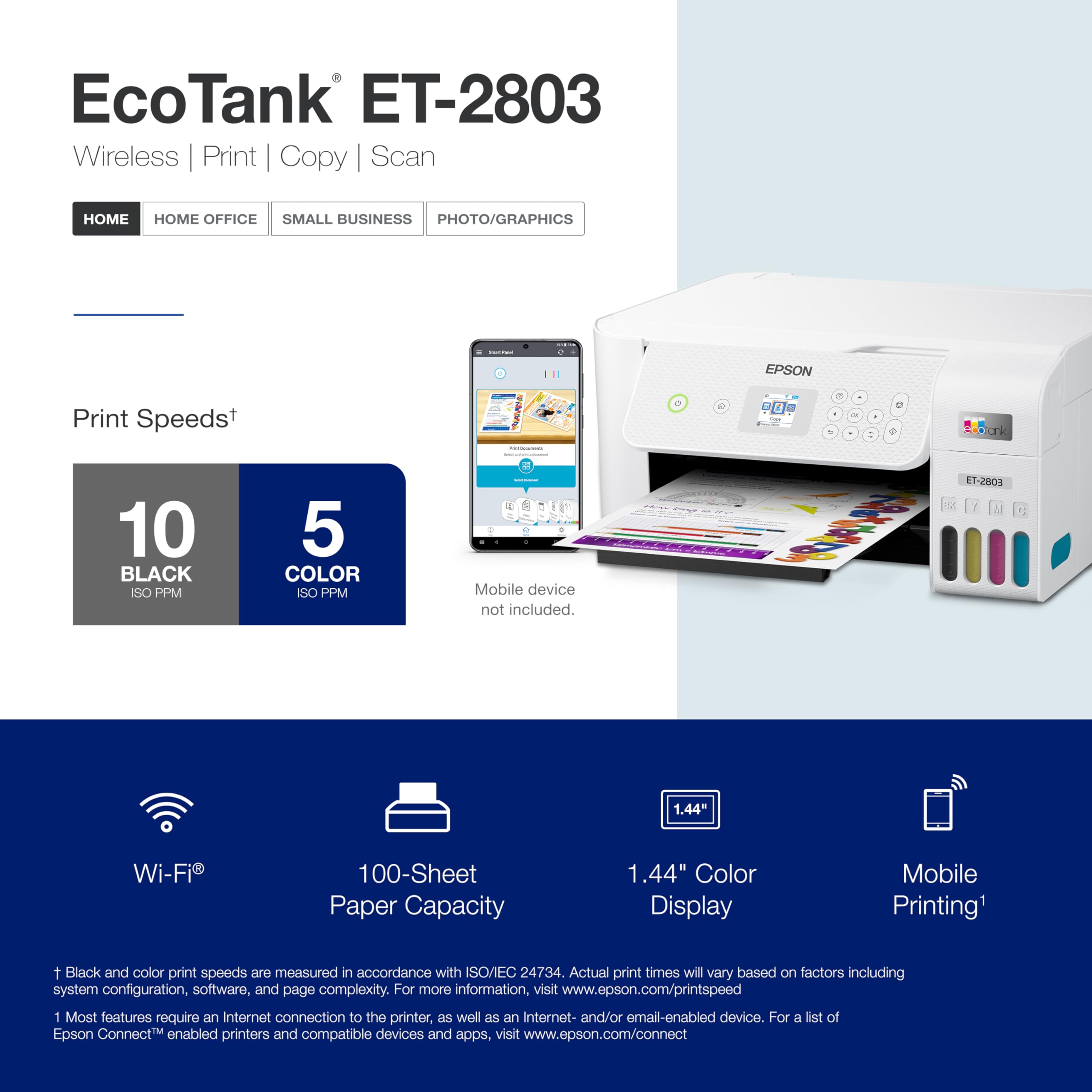 Epson EcoTank ET-2800 Wireless Color All-in-One Cartridge-Free Supertank with Scan and Copy, The Ideal Basic Home Printer - White
