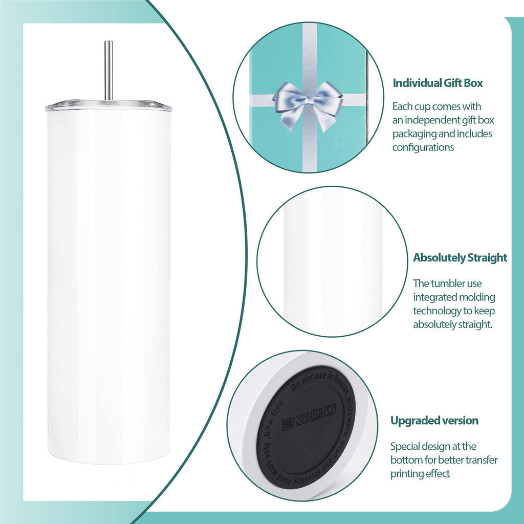 D·S 1 Pack Sublimation Tumblers 20 oz Skinny Straight Flat Bottom Blank Tumbler Cups with Individual Gift Boxed for Heat Transfer DIY Craft