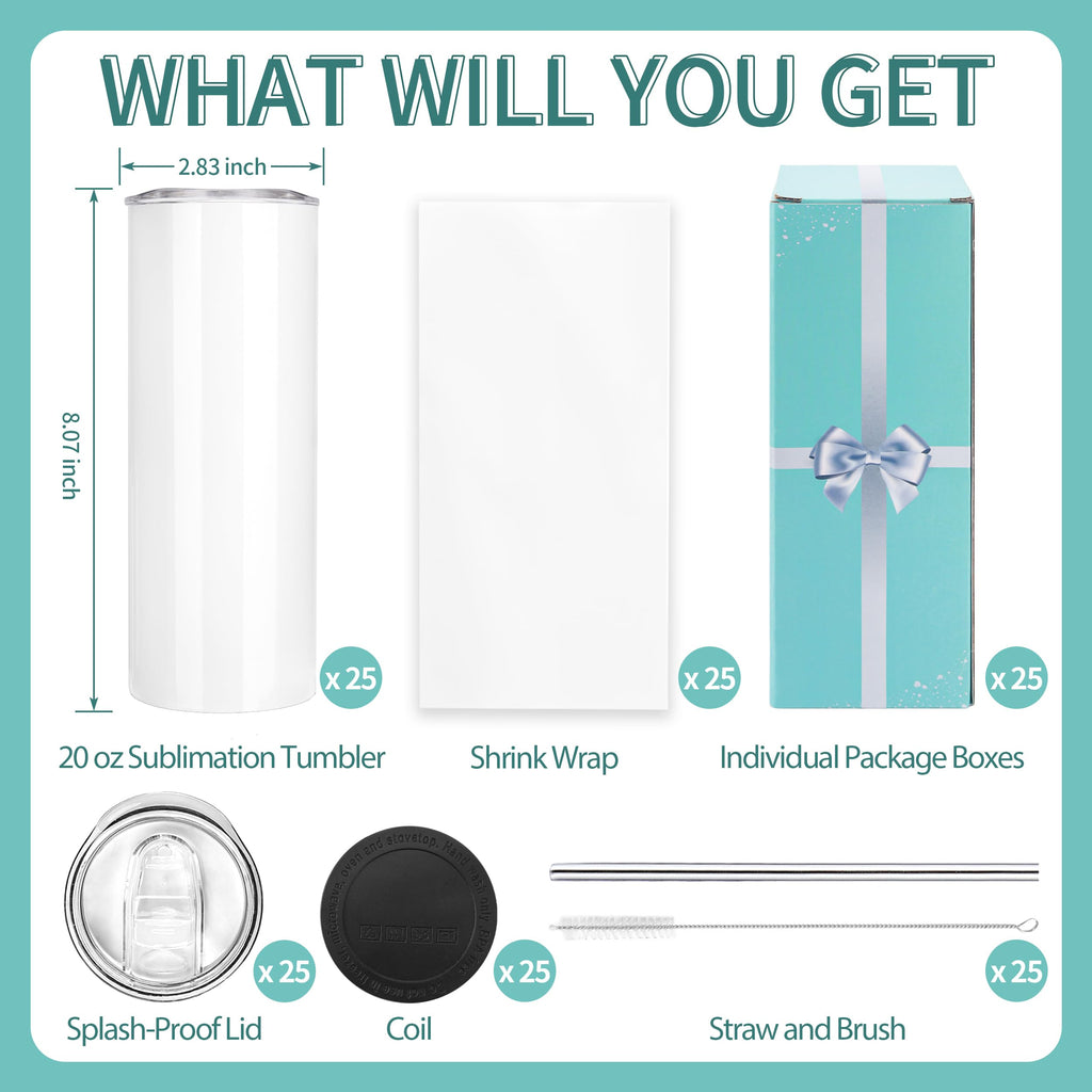 D·S 1 Pack Sublimation Tumblers 20 oz Skinny Straight Flat Bottom Blank Tumbler Cups with Individual Gift Boxed for Heat Transfer DIY Craft