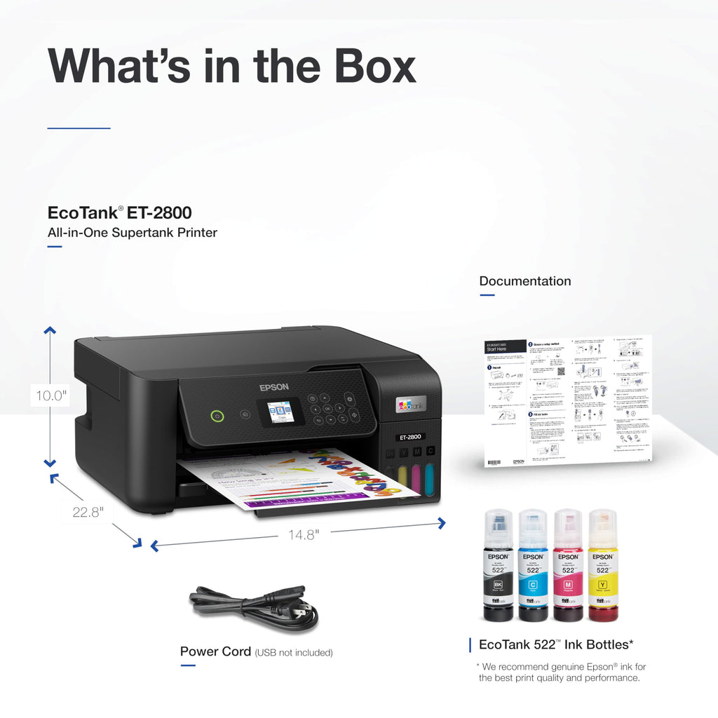 Epson EcoTank ET-2800 Wireless Color All-in-One Cartridge-Free Supertank with Scan and Copy, The Ideal Basic Home Printer - White