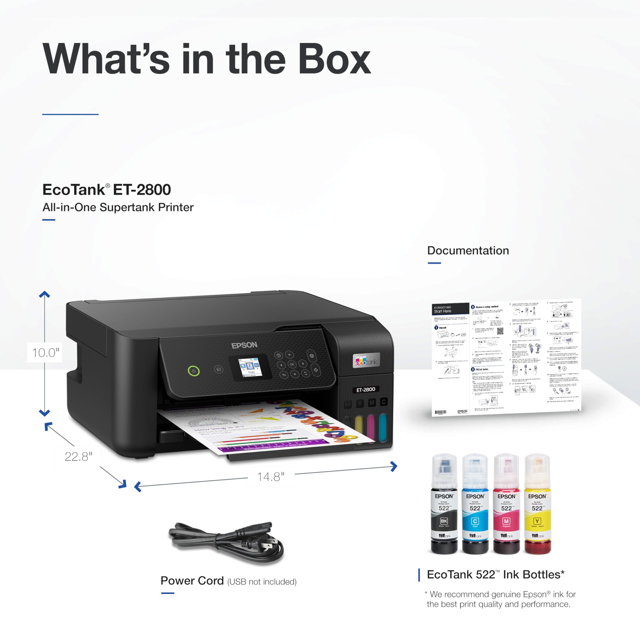 Epson EcoTank ET-2800 Wireless Color All-in-One Cartridge-Free Supertank with Scan and Copy, The Ideal Basic Home Printer - White
