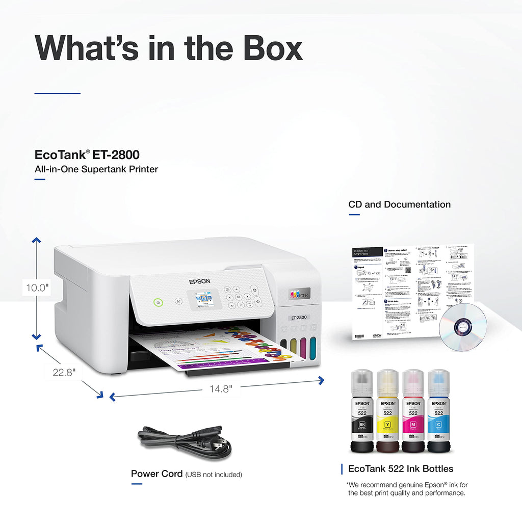 Epson EcoTank ET-2800 Wireless Color All-in-One Cartridge-Free Supertank with Scan and Copy, The Ideal Basic Home Printer - White