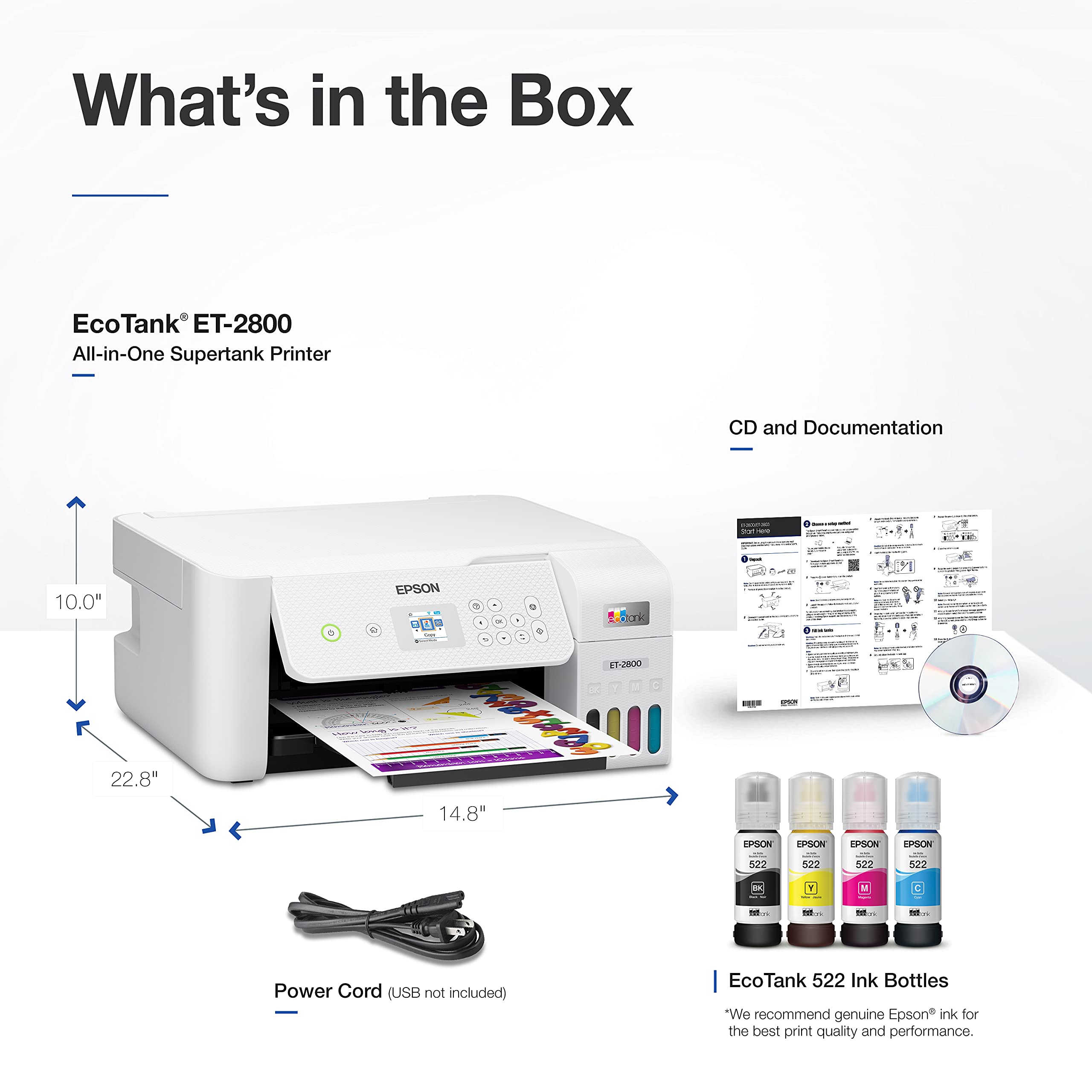 Epson EcoTank ET-2800 Wireless Color All-in-One Cartridge-Free Supertank with Scan and Copy, The Ideal Basic Home Printer - White