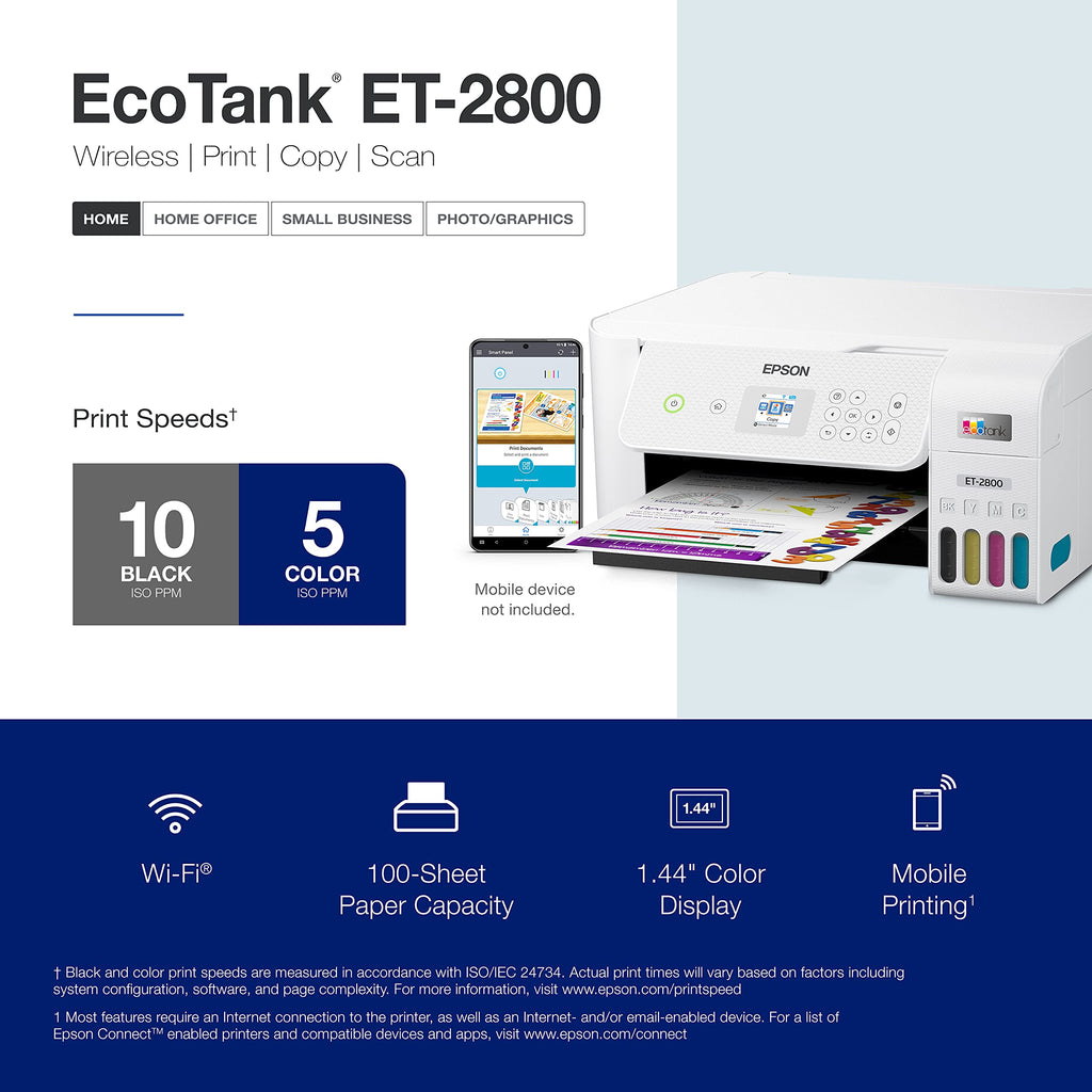 Epson EcoTank ET-2800 Wireless Color All-in-One Cartridge-Free Supertank with Scan and Copy, The Ideal Basic Home Printer - White