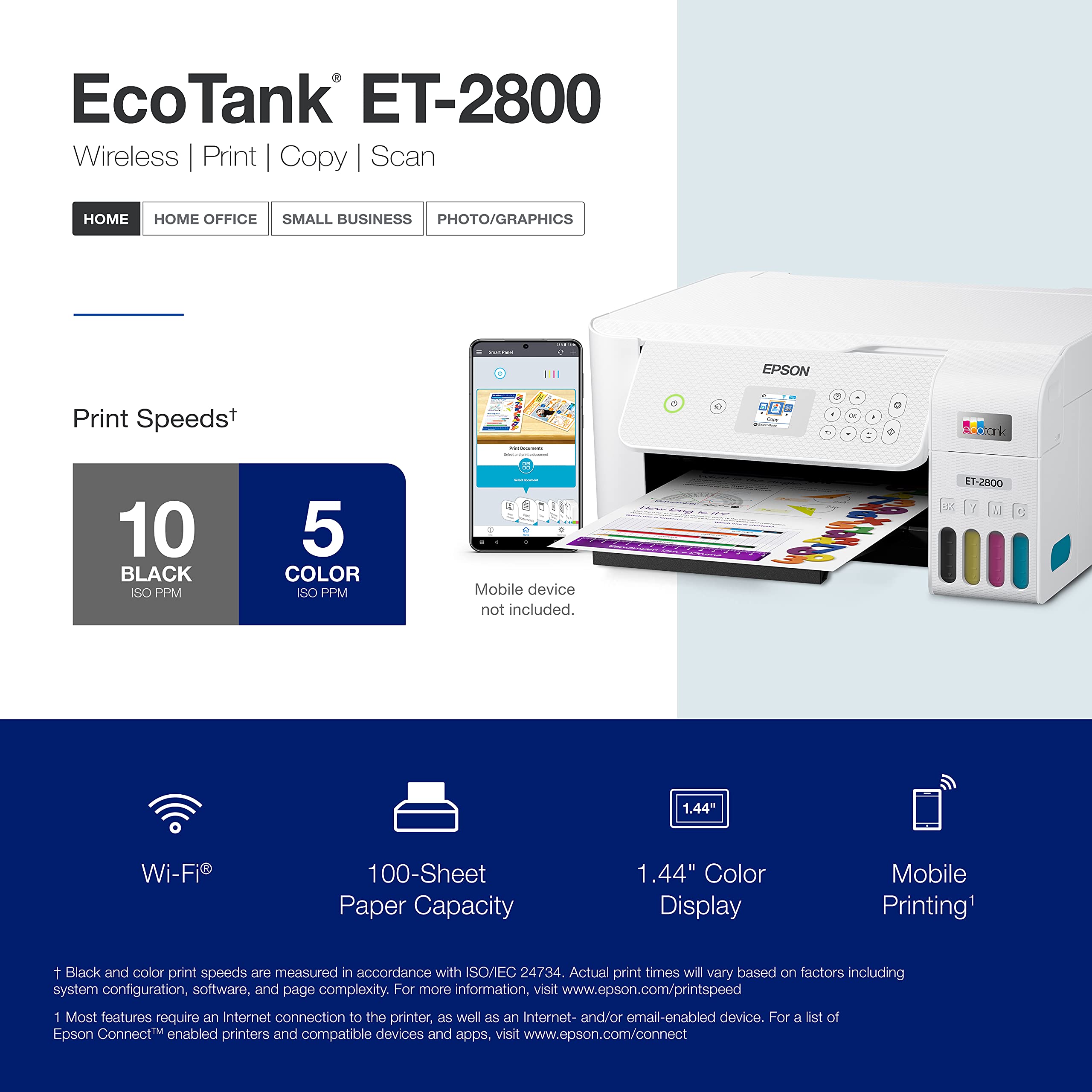 Epson EcoTank ET-2800 Wireless Color All-in-One Cartridge-Free Supertank with Scan and Copy, The Ideal Basic Home Printer - White
