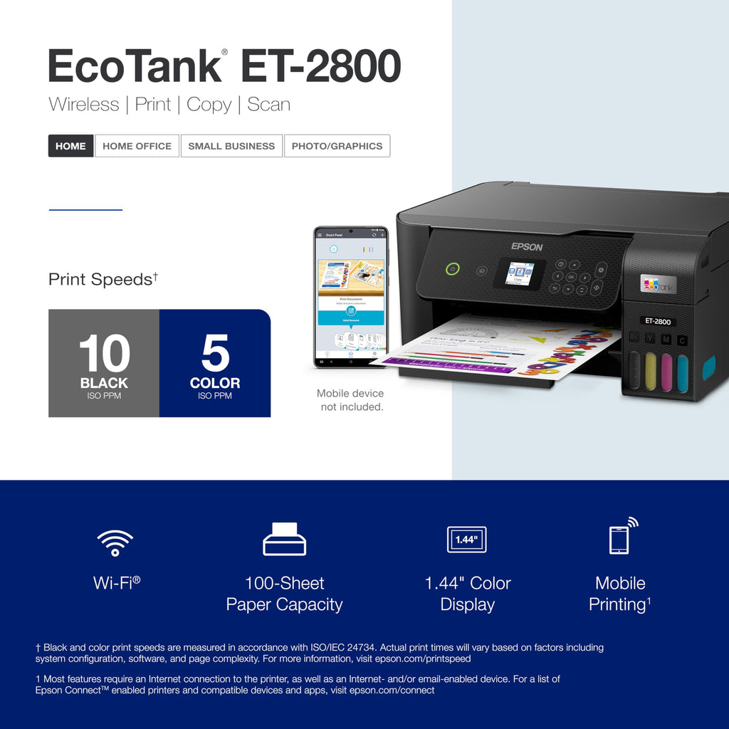 Epson EcoTank ET-2800 Wireless Color All-in-One Cartridge-Free Supertank with Scan and Copy, The Ideal Basic Home Printer - White