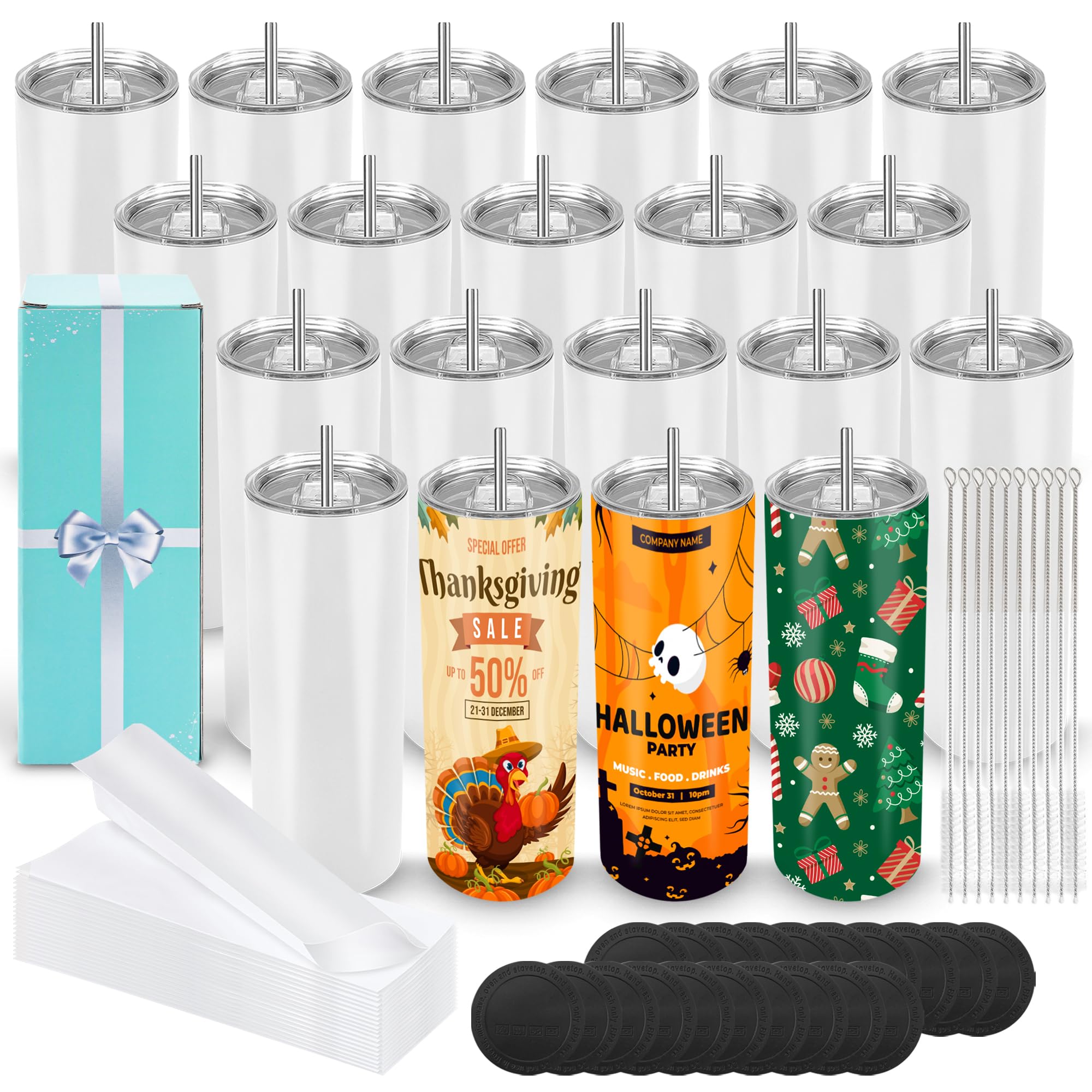 D·S 1 Pack Sublimation Tumblers 20 oz Skinny Straight Flat Bottom Blank Tumbler Cups with Individual Gift Boxed for Heat Transfer DIY Craft